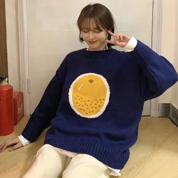 Korėjos Stiliaus Moterų Džemperis Moterims Traukti Megztiniai Džemperiai Apelsinų/Persikų/Arbūzas Vaisius Spausdinti Harajuku Prašmatnus O kaklas Trumpas Megztinis
