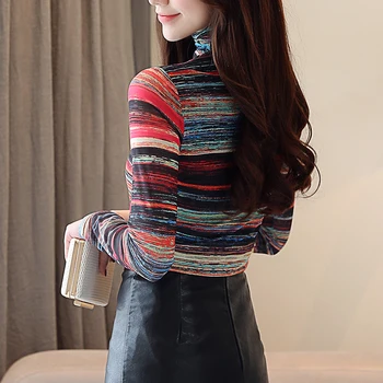 Korėjos Stiliaus Moterų Mados Rudens Drabužių 2021 Naujas Plus Size Dryžuotas Spausdinti Aukštos Apykaklės, Žemiausią Palaidinė Moterims Topai 2346 50
