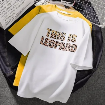 Korėjos stiliaus Vasaros Leopardo Raštais marškinėliai moterims balta prarasti camisetas verano mujer 2019 o-kaklo grafinis tees viršuje marškinėlius femme