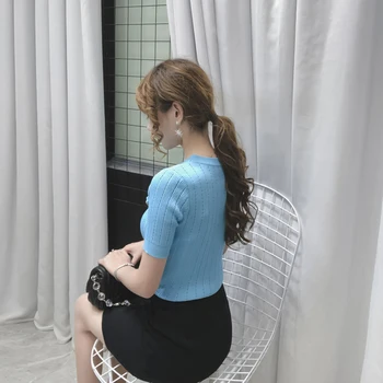 Korėjos Stiliaus Viršūnes 2020 Metų Vasaros Atsitiktinis Tuščiaviduriai Iš Baltos Spalvos Plonas Megztinis Moterims Mygtuką Trumpas Rankovės Mezgimo Megztinis Moteris Drabužiai
