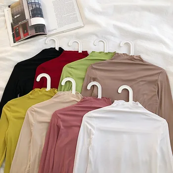 Korėjos Ulzzang Kietas Megzti Golfo Rudenį T-shirt Moterims, Atsitiktinis ilgomis Rankovėmis Slim Marškinėliai Moteriška Marškinėlius 
