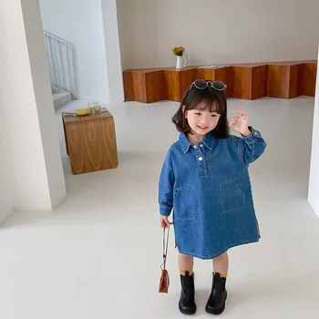 Korėjos vaikų džinsinio audinio suknelė 2020 m. rudenį naujų kūdikių mergaičių atvartas prarasti atsitiktinis ilgomis rankovėmis suknelė