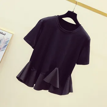 Korėjos Vasaros Elegantiškas Women Marškinėliai Black Raukiniai Kratinys Laisvas Megztinis Viršūnes Harajuku Negabaritinių Moterų Prašmatnus Kietas T-Shirt