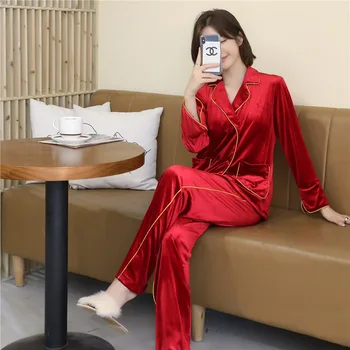 Korėjos Veliūras Pižama Rinkinys Moterims Seksualus Pyjama Ilgomis Rankovėmis Marškinėliai Kelnės Didelis Dydis Homewear Gryna Spalva Mygtuką Sleepwear 2 Gabalas/Set