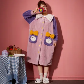 Korėjos Versija Koralų Aksomo Pižama Moterų Rudenį Ir Žiemą Šiltas Sutirštės Flanelė Pižamą Ilgas Chalatas Cardigan Namų Drabužiai