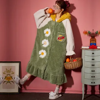 Korėjos Versija Koralų Aksomo Pižama Moterų Rudenį Ir Žiemą Šiltas Sutirštės Flanelė Pižamą Ilgas Chalatas Cardigan Namų Drabužiai