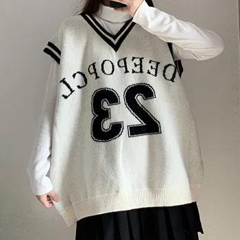 Korėjos Žiemos Naujas Harajuku Stilių Vintage Megztinis V-Kaklo, Letter Spausdinimo Rankovių Puloveriai Tingus Stilius Laisvas Atsitiktinis Megztinis
