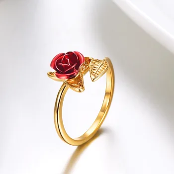 Kpop Raudonos Rožės Žiedas Vasaros Papuošalai Meilės Dovanos Mergaitėms Aukso Spalvos Flora Gėlių Reguliuojamas Atidaryti Žiedas Moterims R6250