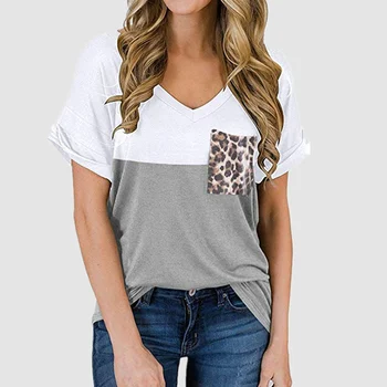 Kratinys V-Kaklo marškinėliai trumpomis Rankovėmis Kišenėje Viršūnes Tee Marškinėliai Moterims Drabužių 2021 M. Vasaros Marškinėliai Atsitiktinis Palaidų Viršuje Lady Streetwear
