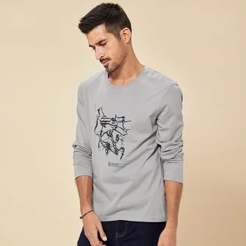 KUEGOU Medvilnės marškinėliai vyrams rudenį Streetwear pilka spausdinti marškinėlius mados vyriški marškinėliai ilgomis rankovėmis viršuje plius dydis ZT-88026