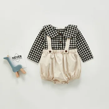 Kūdikių Berniukų Drabužiai Rinkinys 2vnt Baby Doll Apykakle ilgomis Rankovėmis Pledas Marškiniai + vientisos Spalvos Dirželis Šortai Kombinezonas Kūdikiui, Merginos Komplektai