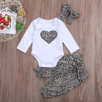 Kūdikių Drabužiai Naujagimiams Vaikas Baby Girl Leopard Gėlių Drabužius Ilgomis Rankovėmis Širdies Romper +Gėlių Kelnės +Lankelis Apranga Rinkinys