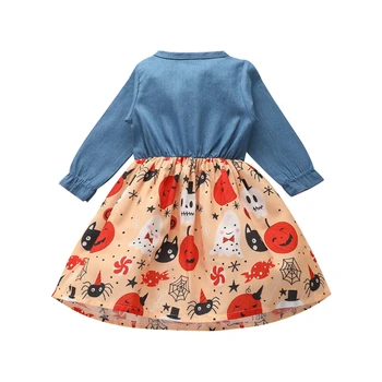 Kūdikių, mergaičių drabužiai mergaitėms rudenį suknelė kūdikių vaikai Helovinas suknelė mergaitėms ilgomis rankovėmis mėlyna suknelė su moliūgų print#1