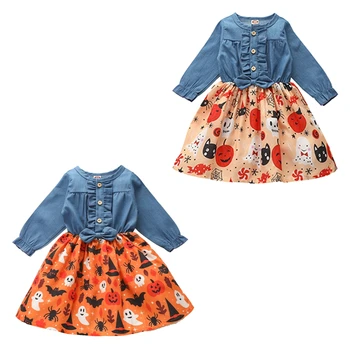 Kūdikių, mergaičių drabužiai mergaitėms rudenį suknelė kūdikių vaikai Helovinas suknelė mergaitėms ilgomis rankovėmis mėlyna suknelė su moliūgų print#1