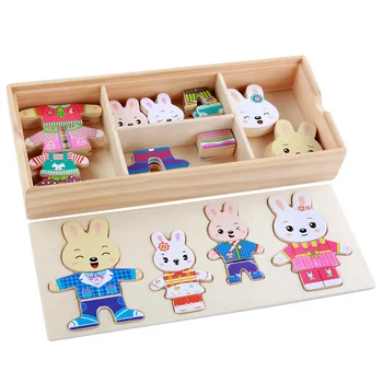 Kūdikių Montessori Medinės Dėlionės, Žaislų, Animacinių filmų Bear Rabbit Dress up Rungtynės Dėlionė Žaislas Vaikams Ankstyvasis ugdymas Švietimo Žaislas Dovana
