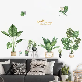 Kūrybos didelės žalios lapinės Sienų lipdukai šviežių vazoninių augalų, namų dekoro, miegamojo Europoje kambario dekoro šypsena tapetai
