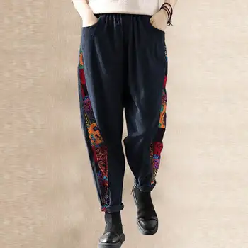 L-5XL Velvetas Kelnės Spausdinti Kratinys Kelnės Moterims Atsitiktinis Kišenių Kelnės 2021 M. Derliaus Pločio Kojų Pantanlones Nuosėdos Streetwear