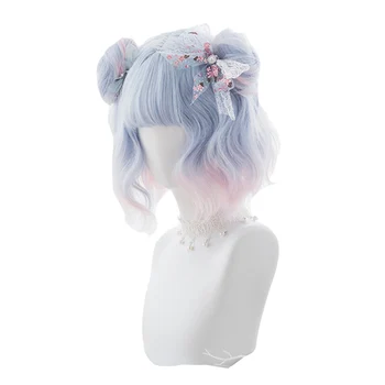 L-paštu perukas Blue Gradient Pink Lolita Perukai Banguoti Trumpas Cosplay Perukas su Bandeles, Harajuku Japonijos Karščiui Atsparių Sintetinių Plaukų