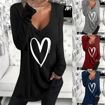 Laisvas Atsitiktinis Moterų Marškinėliai 3D Širdies Spausdinimo Mados Tee Pavasario Sporto Veikia Viršūnes ilgomis Rankovėmis Moteriška Negabaritinių Juoda T-Shirt