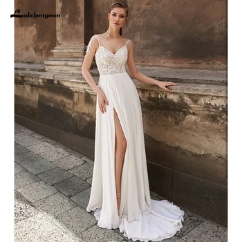 Lakshmigown Bohemijos Vestuvių Suknelė 20201-line Minkšta Nėrinių Bei Šifono Pusėje Ritininės Spageti Dirželis Boho Pigūs Paprasta Vestuvinės Suknelės