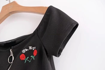 Lanbaiyijia Viršaus Karšto Moterys, T-marškinėliai, Siuvinėjimas, Gėlių Raštais Mados prekės ženklo marškinėliai, priekyje užtrauktukas Peties Off seksualus Topai marškinėliai