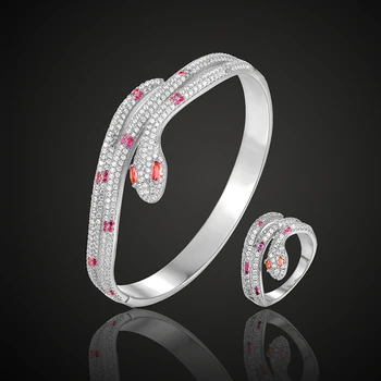 Lanruisha prabangos prekės ženklo gyvūnų gyvatė klasikinis bangle su žiedas, papuošalų komplektas rožinė akmuo 3a kubinis cirkonis nutiesti nustatymas apyrankę dovanų