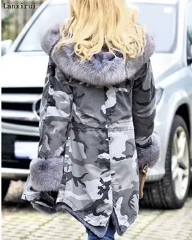 Lanxirui moterų parko Paltai storas Didelis kailių apykaklės gobtuvu kailis šiltas wintet Lapės kailio įdėklas parkas ilgos žiemos striukė moterims