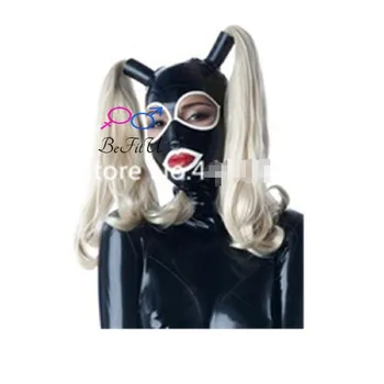 Latekso Kapoto Gumos Kaukė su Hairpieces Perukai Du Krūva Ponis Uodegos Galiniai užtrauktuką Šviesūs, Ruda kaklo Maivymasis Lankai