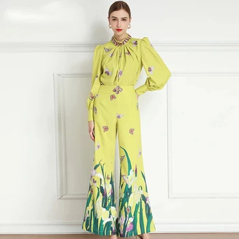 LD LINDA DELLA 2020 m. Rudens Mados kilimo ir tūpimo Tako Nustatyti Moterų ilgomis rankovėmis Prarasti Palaidinė ir Varpas-dugnas Floral-Print-Dviejų dalių kostiumėlį