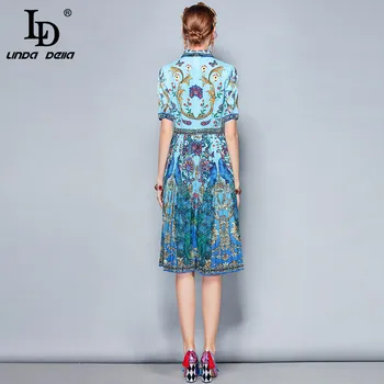 LD LINDA DELLA Naujas Mados kilimo ir tūpimo Tako Dizaineris Vasaros Suknelė Moterų Lankas Apykaklės Elegantiškas Gyvūnų Gėlių Spausdinti Plisuotos Vintage Suknelė