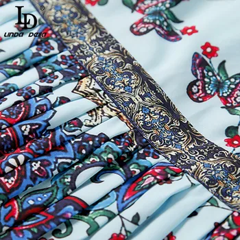 LD LINDA DELLA Naujas Mados kilimo ir tūpimo Tako Dizaineris Vasaros Suknelė Moterų Lankas Apykaklės Elegantiškas Gyvūnų Gėlių Spausdinti Plisuotos Vintage Suknelė