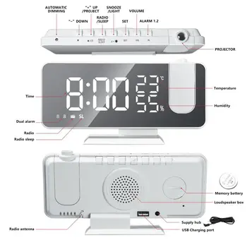 LED Skaitmeninis Laikrodis, Radijo Projekcija Su Temperatūros Ir Drėgmės Veidrodis, Laikrodis Daugiafunkcinis Naktiniai Laiko Rodymas