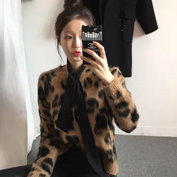 Leopard Džemperis Moterims 2019 Žiemos Megzti Megztinis Apvalios Kaklo Puloveriai Korėjos Moterų Džemperiai
