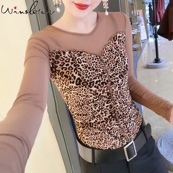 Leopard marškinėliai Moterims Deimantų Duobute Ribojasi Akių Kratinys Slim ilgomis Rankovėmis Viršūnes Tee Atsitiktinis ropa mujer T02709B