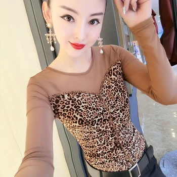 Leopard marškinėliai Moterims Deimantų Duobute Ribojasi Akių Kratinys Slim ilgomis Rankovėmis Viršūnes Tee Atsitiktinis ropa mujer T02709B