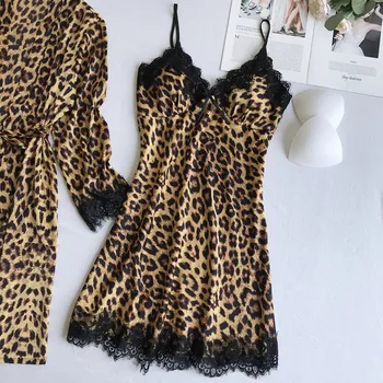 Leopard Pižama Moterų Nėriniai Seksualus moteriškas apatinis Trikotažas, Mados Šilko Pajama Komplektai Moterų 2020 M. Vasarą Pijama Mujer Pyjama su Krūtinės Mygtukai