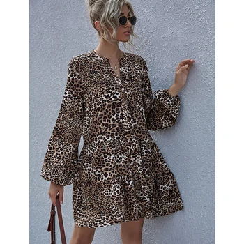 Leopard Print-line Pynimas Suknelė Žibintų ilgomis Rankovėmis Marškinėliai Suknelė V Kaklo Vieno Krūtinėmis Mini Suknelės Moterų Plius Dydis
