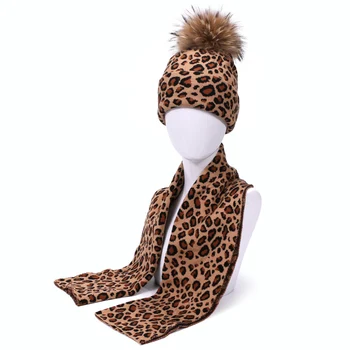 Leopardas Spausdinti Unisex Skrybėlę Ir Skara Nustatyti, Rudenį, Žiemą Du Kartus Beanies Skullies Skrybėlės Moterims Elastingumą Šilti Šalikai Pom Pom Skrybėlę