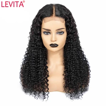 LEVITA afro keistą garbanotas žmogaus plaukų perukas 4×4 nėrinių uždarymo perukas Brazilijos nėriniai priekiniai žmogaus plaukų Perukai moterims ne remy 150% Tankis