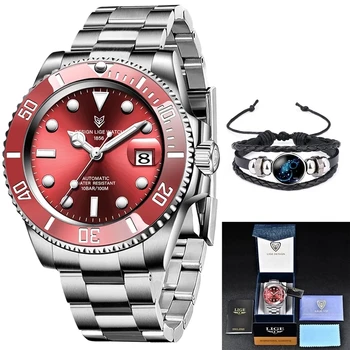 LIGE Dizainą, Prabangos Prekės ženklo Vyrai Laikrodžiai Automatinė Raudona Žiūrėti Vyrams iš Nerūdijančio Plieno, atsparus Vandeniui, Verslo, Sporto Mechaninis Laikrodis