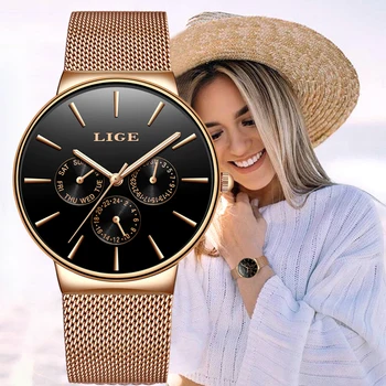 LIGE Moterų Laikrodžiai Prabangos Prekės ženklo Mados Kvarco Ponios Išskirtinį Žiūrėti Suknelė Vandeniui Žiūrėti Paprasta Dovana Laikrodis relogio Feminino