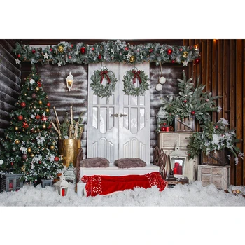 Linksmų Kalėdų Nuotrauka Fone Išspausdintas Baltos Durys Girliandas Raudonos Aukso Rutuliai Puošia Eglutę Kūdikių Vaikams Žiemos Sniego Backdrops