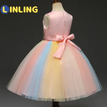 LINLING Aukštos Kokybės 3D Gėlių Siuvinėjimas Princesė Suknelė Vaikų Šalis Oficialią Vestuvių Suknelė Mergaitėms Veiklos Kostiumas P77