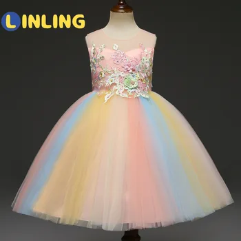 LINLING Aukštos Kokybės 3D Gėlių Siuvinėjimas Princesė Suknelė Vaikų Šalis Oficialią Vestuvių Suknelė Mergaitėms Veiklos Kostiumas P77