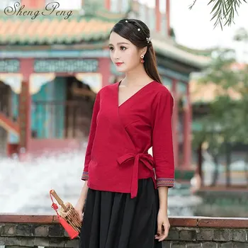 Lino marškinėliai moterims lino drabužiai cheongsam viršuje Kinų stiliaus mandarinų apykaklės palaidinės vientisos spalvos lininius marškinius CC381