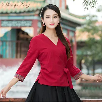 Lino marškinėliai moterims lino drabužiai cheongsam viršuje Kinų stiliaus mandarinų apykaklės palaidinės vientisos spalvos lininius marškinius CC381