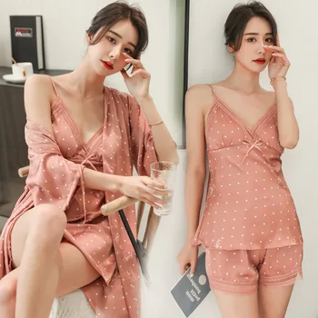Lisacmvpnel Polka Dot Moterų 4 Dalių Pižama Komplektas Su krūtinės Sexy Nėrinių Sleepwear