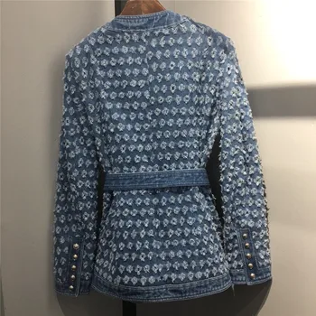 [LIVIVIO] Derliaus Mėlyna Džinsinio audinio Striukė Su Diržu Waisted Neveikiančių Skylę Moterų Kailis 2019 M. Rudenį ilgomis Rankovėmis Kišenės Streetwear Naujas
