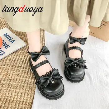 Lolita batai moterims, batai mažo kulno, apvalios galvos bowknot patogus ulzzang batai japonijos sportbačiai platforma vintage bateliai harajuku