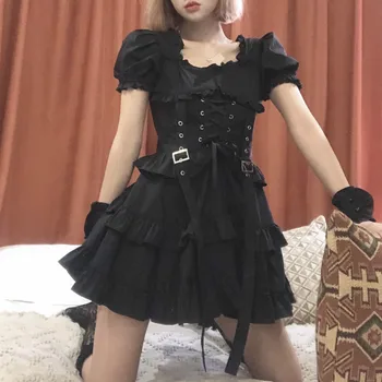 Lolita Black, Gothic Japonijos Viktorijos Renesanso Moterų Retro Chic Punk Stiliaus Sluoksniuotos Rankovėmis Tvarstis Mini Suknelė Mergina Suknelės
